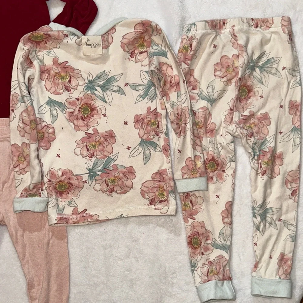 3 sets of children’s pajama sets red & pink solid & floral Burt’s bees